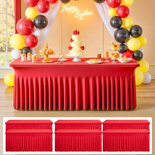 Image of 6 pk Red Spandex Tablecloth 6ft with Ruffle Skirt,Wrinkle Free High Stretch Fitted Tablecloths for 6 Foot Rectangle Tables,Pleated Skirts Spandex Table Covers 6ft for Christmas Party Banquet Wedding