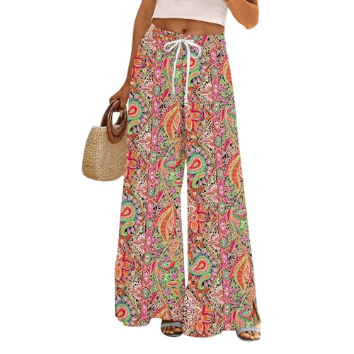 Wide Leg Floral Pants for Women Casual High Waisted Lounge Pants Drawstring Loose Fit Gauze Boho Pant Beach Clothes2