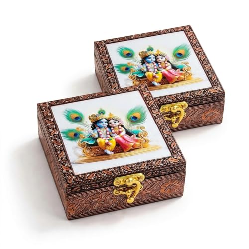 Image of Radha Krishna Wooden Jewellery Box | Handcrafted Decorative Storage Organizer | Traditional, Multipurpose Keepsake Box for Rings, Earrings & Small Accessories | White, Pack of 2