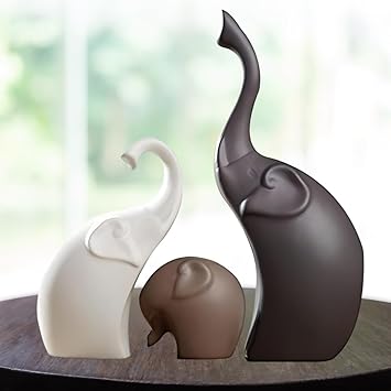 1Key Happy Elephant Family | Lucky Showpieces for VASTU | Ceramic Items for Home | Decorative Items for Living Room, Office and for Gifting - (Set of 3, Matte Brown) |