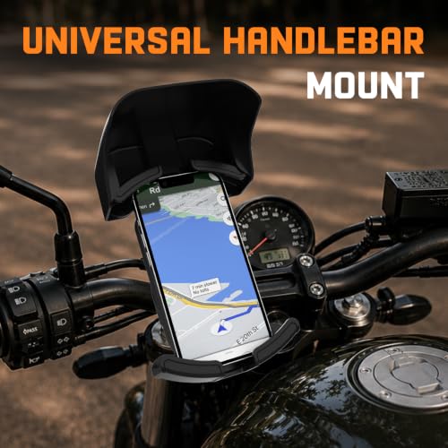 Image of Amkette iGrip Secure X2 Mobile Holder for Bike & Scooty with Handlebar Mount, One Press Lock & Unlock, Built in Sunshade, Anti Slip Silicone Grip, 4 Corner Clamping, Compatible with 4.7 inch-7 inch Smartphone