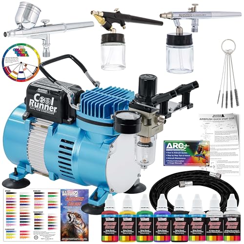 Master Airbrush Cool Runner II Airbrush Kit with Dual Fan Air Compressor, 3 Airbrushes, 6 Color...