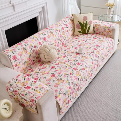 Image of HOMETHREADS Premium Style Anti Slip Sofa Cover Set | Cotton Sofa Slipcover | 1Pc Front Cover with Attached Armrest + 1Pc Back Cover (Cream Pink Flower, 2 Seater | 120x185cm)