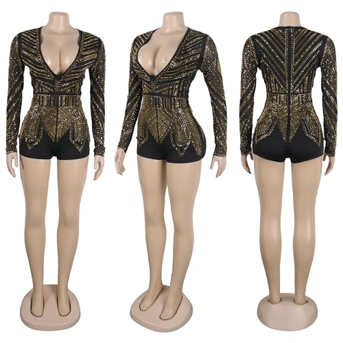 Image of Jigfar Women Sexy Embellished Rhinestone Bodycon Jumpsuit Mesh See Through Patchwork Birthday Party Night Out Clubwear