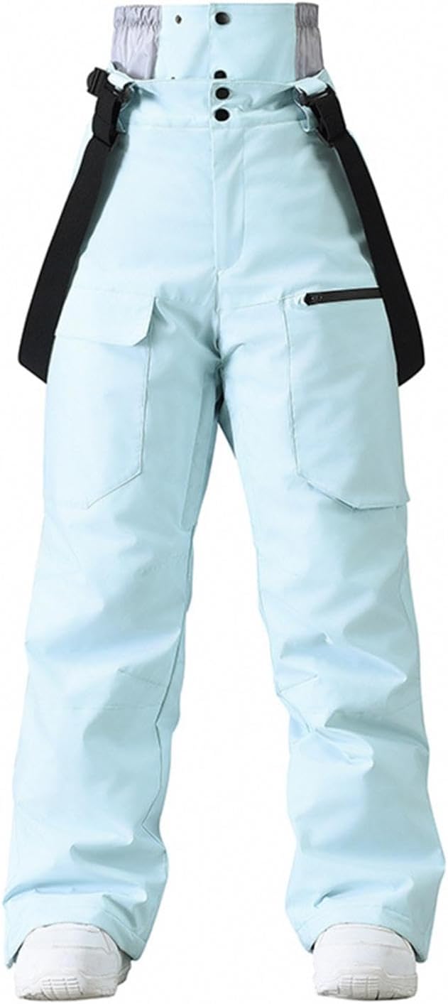 Women's Ski Pants Waterproof Bib Suspender High Waist Wide Leg Snow Pants Windproof Insulated Cargo Pocket Snowboard Trousers