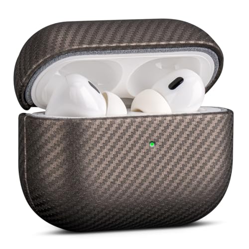 Image of Haobobro Leather Case - for AirPods Pro 3 Case Cover - Selected Skin-friendly Leather, Carbon Fibre Texture, Handmade Drop Protective Hard Cover for AirPods Pro 3rd Generation Earbuds, Desert Titanium