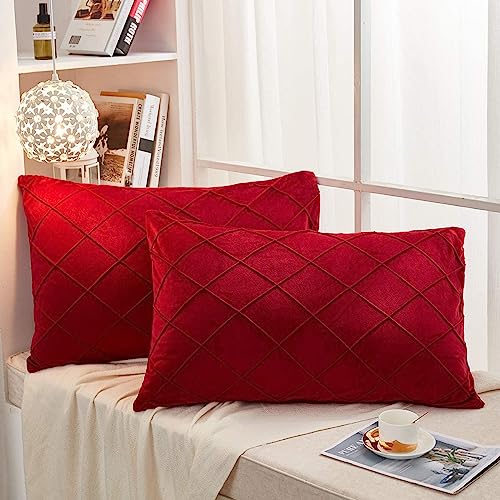 Image of AMICA Luxurious Diamond Pinch Pleated Crystal Velvet Pillowcases Solid Pintuck Throw Cushion Cover for Home Decor Hidden Zipper Closure (Red, 16'' X 24'' Inch)