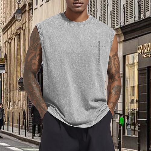 Image of Christian Gym Workout Tank Tops for Men Vintage Bible Verse Cross Graphic Sleeveless Muscle Shirts Acid Wash Tanks Top