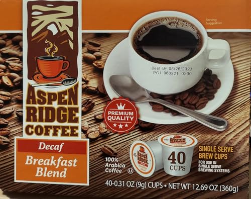Aspen Ridge Coffee K Cups - Decaf Breakfast Blend Single Serve, 100% Arabica Coffe - 40 Count