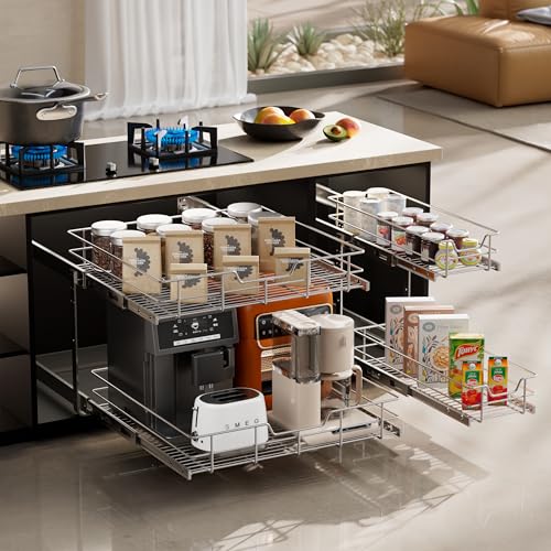 Image of 2 Tier Pull Out Cabinet Organizer 9 inch W X 17 inch D, Chromed, Full Slide Out