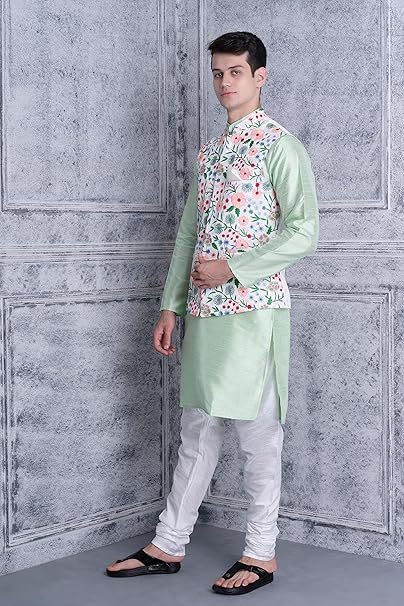 Image of Uri and MacKenzie Men's Silk Blend Kurta Pyjama with Stylish Embroidered Ethnic Jacket