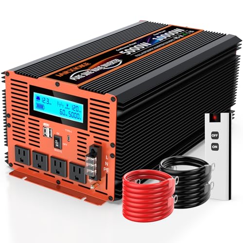 5000 Watt Pure Sine Wave Power Inverter 12V DC to 110V 120V Converter for Family RV Off Grid Solar System Car with Type-C Ports 4 AC Power Outlets Dual USB Ports LCD Display and Remote Control