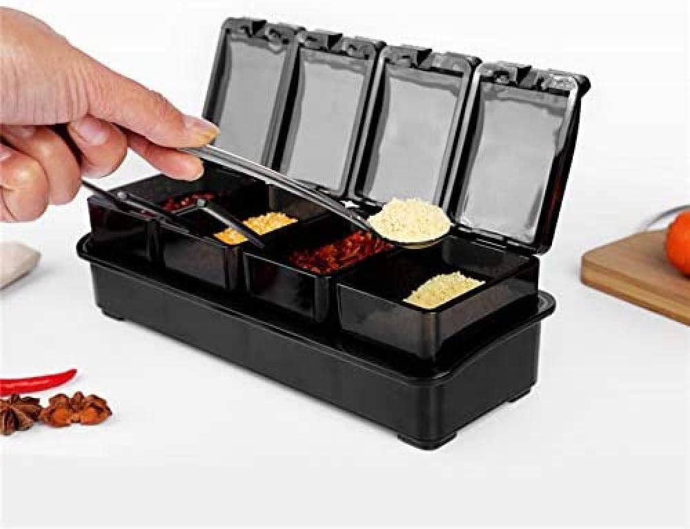 kitchen Black Acrylic Spice Container Kitchen Seasoning Box Salt Shaker Spice Jar with 4 Spoons