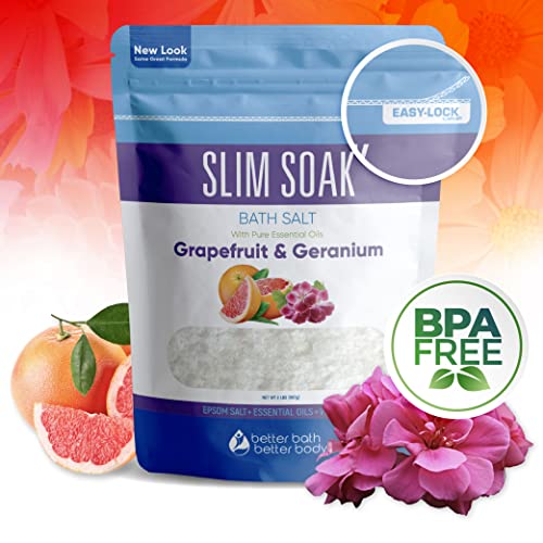 Slim Soak Bath Salt 32 Ounces Epsom Salt With Natural Grapefruit, Geranium And Orange Essential Oils Plus Vitamin C In Bpa Free Pouch With Easy Press-Lock Seal #TOP5