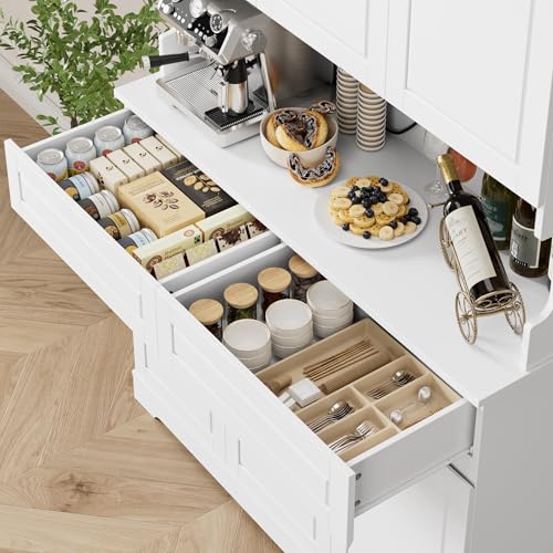 Image of FACBOTALL 74 inch Pantry Cabinet, Tall Kitchen Pantry Cabinet with 6 Doors and 2 Drawers, Kitchen Hutch with Wide Countertop, Modern Kitchens Cupboard with Adjustable Shelves and Charge Holes, White