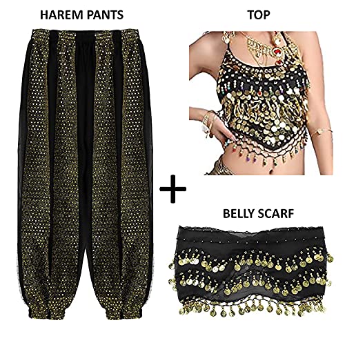 Image of VRITRAZ Women's Chiffon Belly Dance Chiffon Top, Harem Pants and Hip Scarf Ringy Golden Coins Fancy Pants