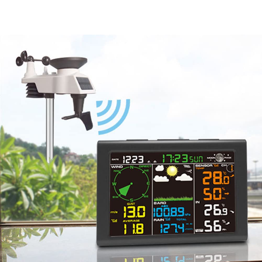 Stacja pogodowa, stacja pogodowa 8 w 1 z prognozą pogody, temperaturą, ciśnieniem powietrza, wilgotnością, wiatromierzem, deszczomierzem, fazą księżyca, budzikiem, do gospodarstwa ogrodowego