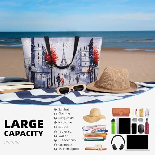 Paris City Tree Eiffel Tower Art Print Large Capacity Beach Tote Bag for Women, Waterproof Beach Travel Bag4