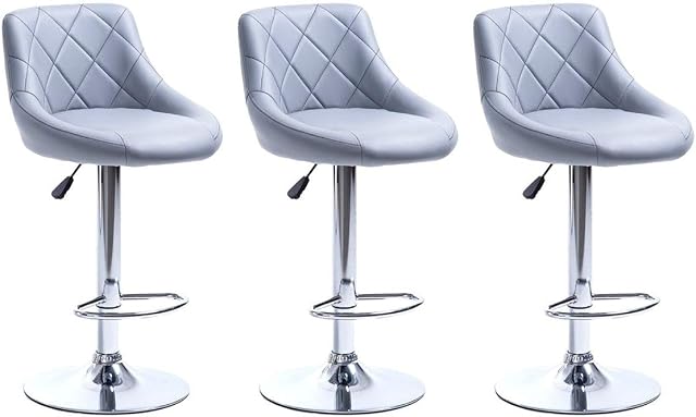"Millies Design" Set of 3 matching MADRID Bar Stools Set with Backrest, Leatherette Exterior, Adjustable Swivel Gas Lift, Chrome Footrest and Base for Breakfast Bar, PACK OF 3 ! (GREY)