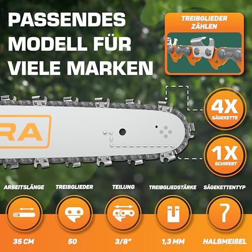 Foto von SECURA 4x Sägekette 3/8' 1,3 mm 50TG 35cm + Schwert 35cm AL | kompatibel mit Stihl Kettensägen