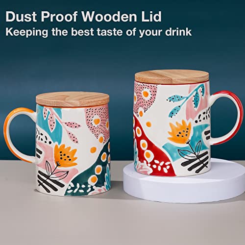 Taimei Teatime Ceramic Coffee Mug With Lid, Mug Set Of 2, 17.6Oz Coffee Mug With Handle, Large Mug For Coffee Latte, Tea, Handpainted Floral Mugs For Women, Dishwasher Safe And Microwaveable #TOP2