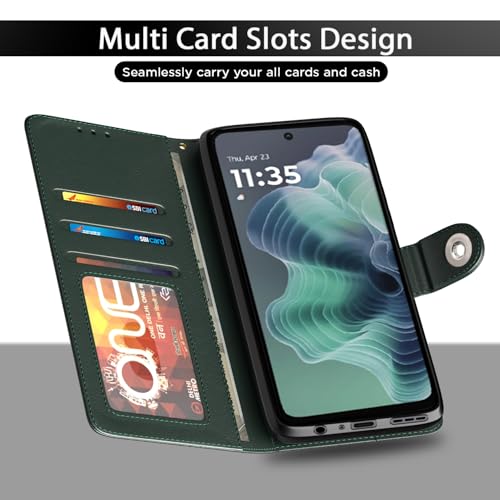 Image of Pikkme Flip Cover Leather Finish | Inside TPU with Card Pockets | Wallet Stand and Shock Proof | Complete Protection Button Flip Case for Moto G35 5G(Green)