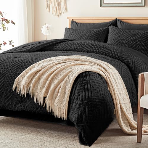 Image of Zzlpp Queen Comforter Set 7 Pieces, Black Tufted Bed in a Bag with Comforter and Sheets,All Season Boho Bedding Sets with Comforter, 2 Pillow Shams, 2 Pillowcases, 1 Flat Sheet, 1 Fitted Sheet