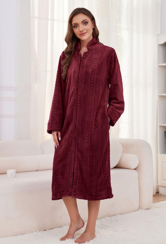 Image of LYCY Women Plush Zipper Robe, Long Fleece House Coat Nightgown with Pockets Solid Bathrobe