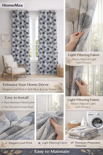Image of HUTI 5 Feet Grey Window Curtain Set of 2 | Semi-Transparent Ginkgo Tree Printed Curtain | Soft Polyester Eyelet Window Curtains for Living Room & Bedroom 4x5 ft (120 x 150 cm) | Perfect for home decor