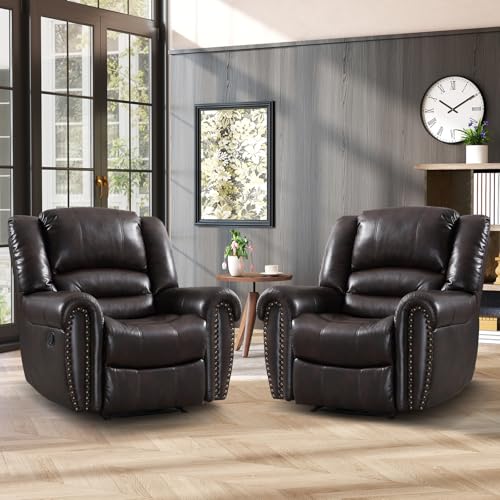 Image of CANMOV Leather Recliner Chair Set of 2, Classic and Traditional Manual Recliner Chair with Comfortable Arms and Back,Manual Single Recliner Sofa for Living Room, Dark Brown