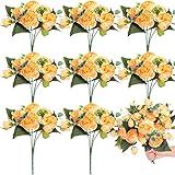 8 Packs Artificial Peony Flowers Faux Flowers Silk Hydrangea Bouquet Vintage Wedding Home Table Door Decor Reusable Bouquet of Rose Flowers for Valentine Wedding Birthday Party (Yellow,Peony)