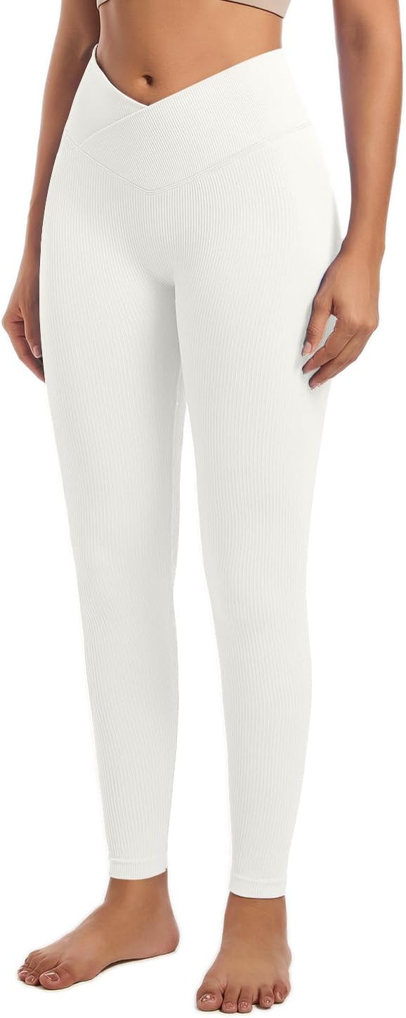 YOAKUKA Yoga Ribbed Leggings for Women High Waisted Tummy Control Seamless Butt Lifting Crossover Workout Gym Athletic Pants - Image 2