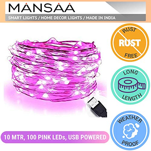 Image of MANSAA M6 USB LED String Light | 10 Meter 100 LEDs | Pink Color | USB Operated | Home Decor LED Light | Pack of 3