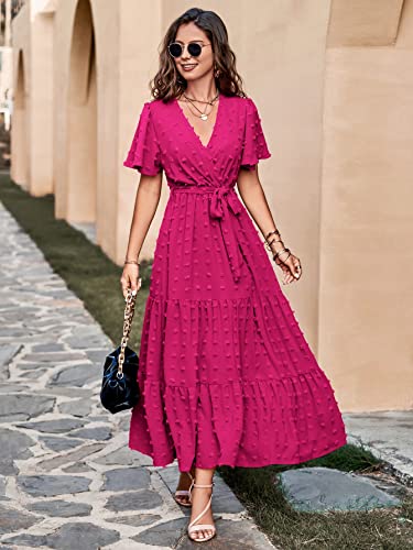 Image of MASCOMODA Women Boho Swiss Dot Maxi Dresses Wrap V Neck Flutter Short Sleeve Solid Tie Waist A Line Tiered Flowy Long Dresses