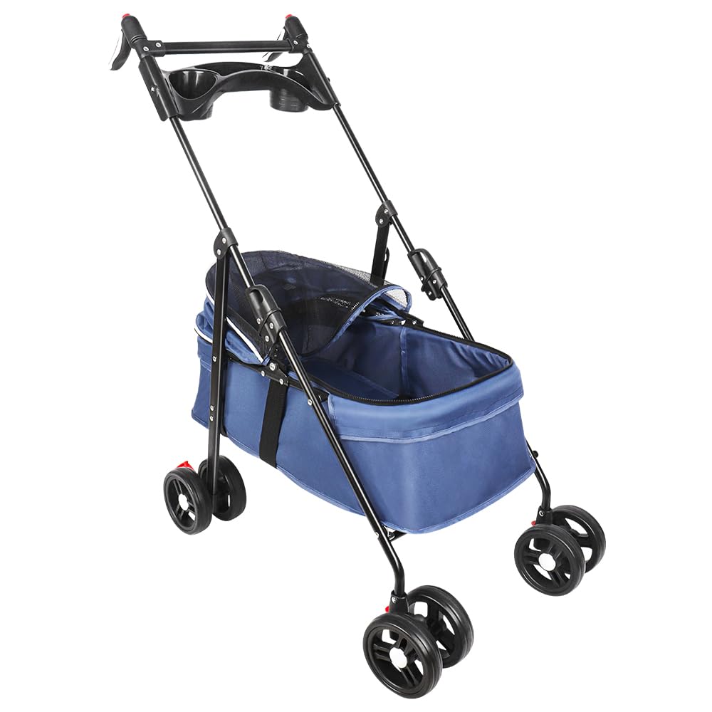 Cochecito de paseo plegable para perros, todoterreno, para mascotas, apto para perros pequeños y gatos de menos de 25 kg – 50 x 70 x 95 cm, color azul