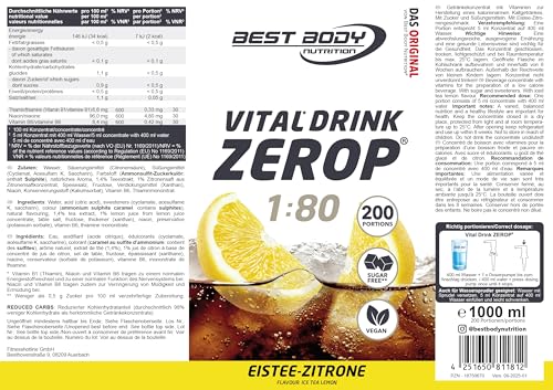 Best Body Nutrition ZEROP Vital Zuckerfreies Getränkekonzentrat Sirup Eistee-Zitrone Ohne Aspartam 1 L ergibt 80 L Getränk Fitness Drink mit Vitaminen B1 B6 Niacin Kalorienarm Wassersprudler