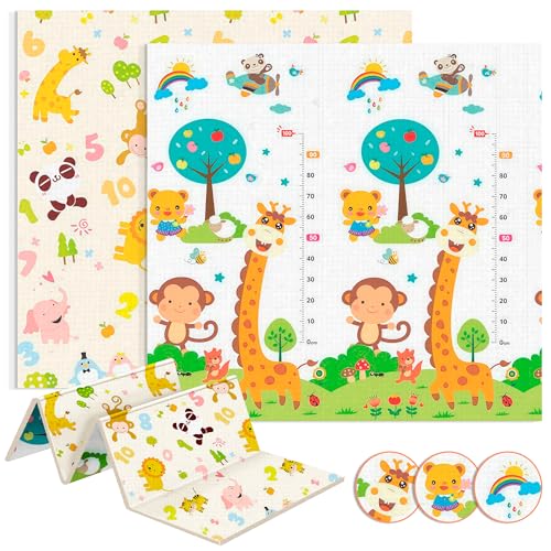 JUPPLIES Tapete de bebé acolchoado dobrável 200 x 180 cm e 1 cm de espessura - tapete de atividades para bebé dobrável, tapete infantil para jogos reversível, antiderrapante