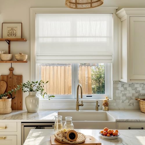 Image of TWOPAGES Isabella No Drill Cordless Roman Shade Linen Textured Cotton Roman Blind for Windows, Custom Made Room Darkening Blackout Roman Window Shade, Hardware Included, Beige White, 1 Piece
