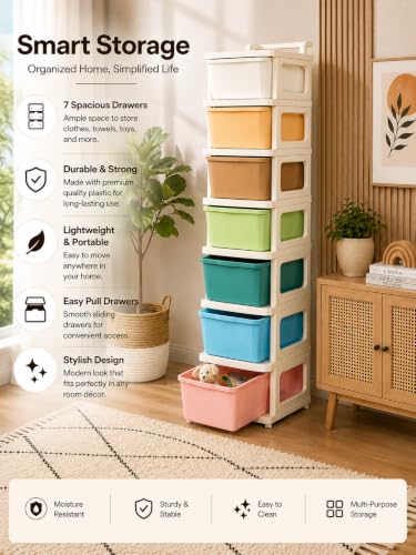 Image of Heavy Duty Plastic Storage Drawer with Wheels | Modular Cabinet for Bedroom, Office, Home or Classroom| Chest of Drawers Organiser for Cosmetics, Kitchen items, Toys (Multicolor, 7)