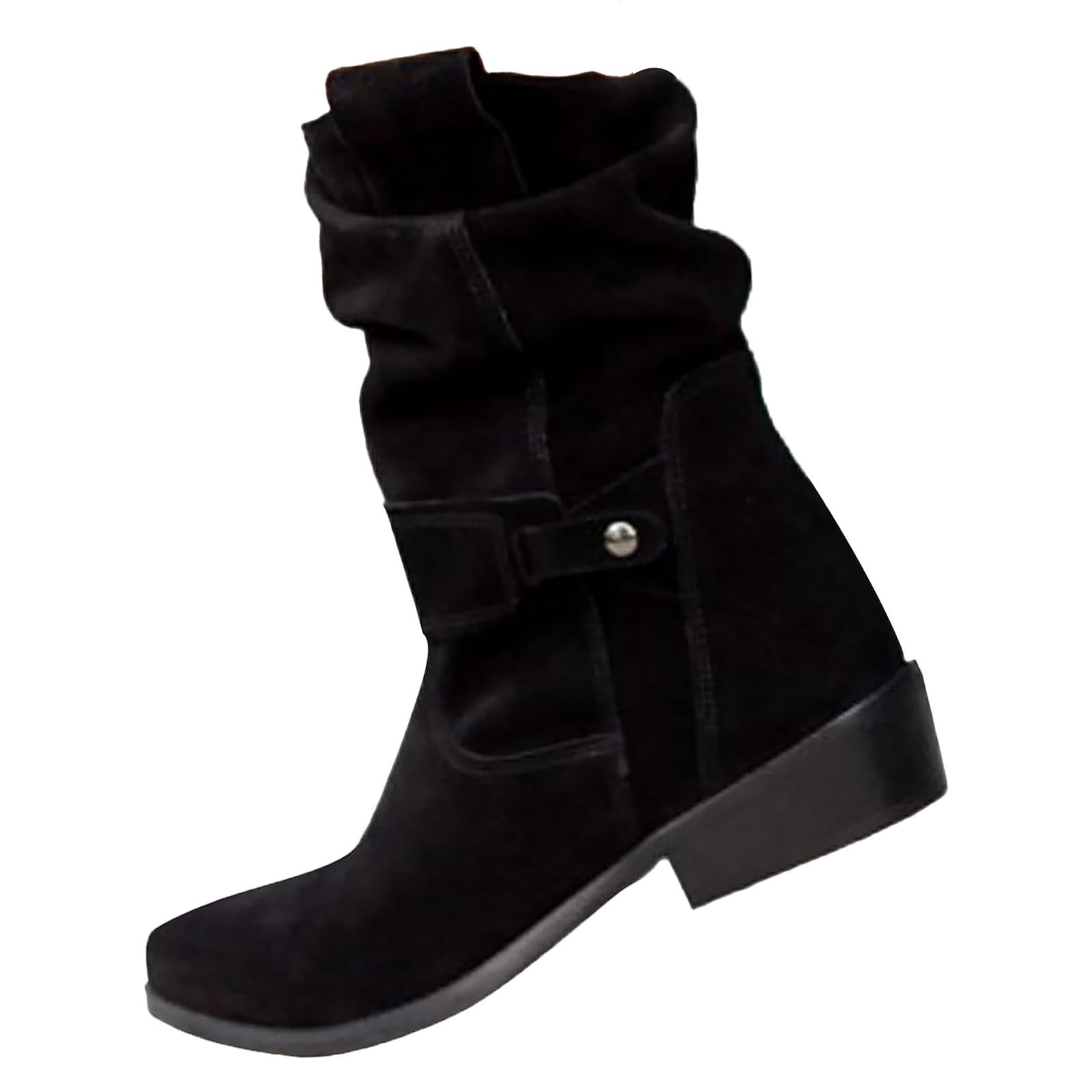Womens Mid Calf Boots Elegant Suede Slip On Short Booties Buckle 2025 Fall Winter Comfortable Western Cowboy Pointed
