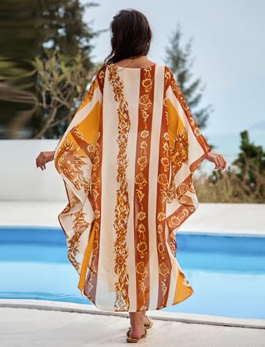 ZAFUL Kaftan Dresses for Women Moo Moos Plus Size O Ring V Neck Batwing Sleeves Beach Cover Ups Hawaii Summer Vacation Outfits Caftan Maxi Dress Loungewear Yellow Floral — view 4