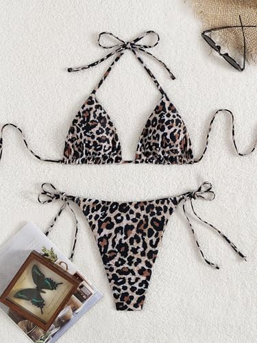 Image of Tainehs Women's Sexy Halter Thong Bikini Tie Two Sides Bottom Triangle Bikini Swimsuits