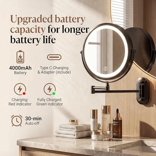 Espejo de maquillaje montado en pared con luz recargable miniatura 3