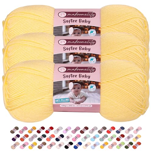 Image of 3 Skeins of Makromecity Softee Baby Yarn,%100 Premium Anti-Pilling Acrylic, 3.5 Oz, 273 yd (100gr /250 mt) Each, Soft Yarn for Crocheting and Knitting (Light Yellow, 3 Skeins)