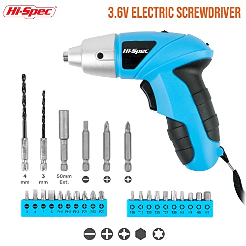 Hi-Spec 27Pc 3.6V Blue Usb Small Power Electric Screwdriver Set. Cordless & Rechargeable With Driver Bit Set #TOP1