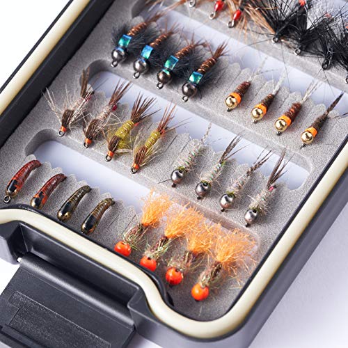 Bassdash Fliegenfischen Fliegen Set Forellenbarschangeln mit Fliegenbox, 36/64/72/76/80 / 96Stk. Mit Trockenfliegen/Nassfliegen, Nymphen, Streamers, Popper