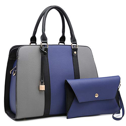 Dasein Women Handbag and Purse Two-tone Satchel Bag Top Handle Work Tote Padlock Shoulder Bag Three Compartments (Blue and grey)