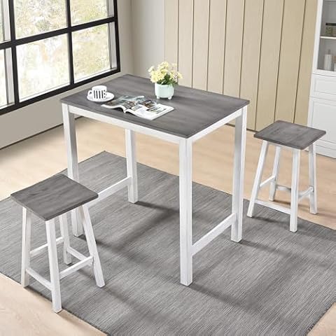 GLCHQ 3 Piece Pub Table Hanging Stool Set with Metal Frame, Industrial Dining Table with 2 Chairs for Kitchen, Breakfast Nook, Dining Room, Living Room or Small Space (White Gray) Cover