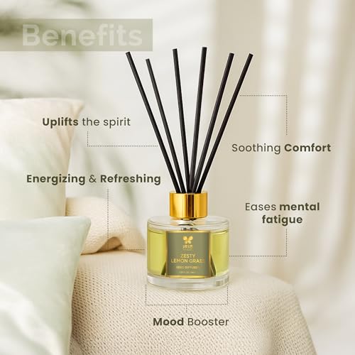 Image of IRIS Aroma Reed Diffuser - 100ml | Elegant Home Fragrance with 6 Fiber Reeds, Glass Round Bottle with Gold Cap | Aroma Diffuser for Cozy Decor & Gifting (Zesty Lemongrass)