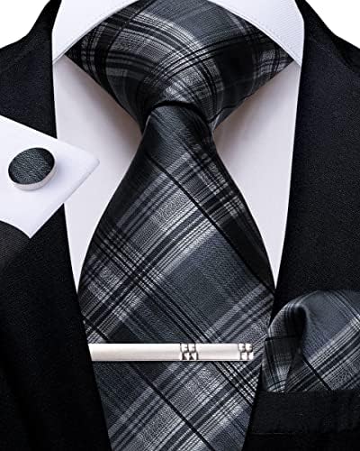 DiBanGu Mens Silk Tie Set Stripe Plaid Necktie Pocket Square Cufflinks and Tie Clip Set for Business Wedding Party